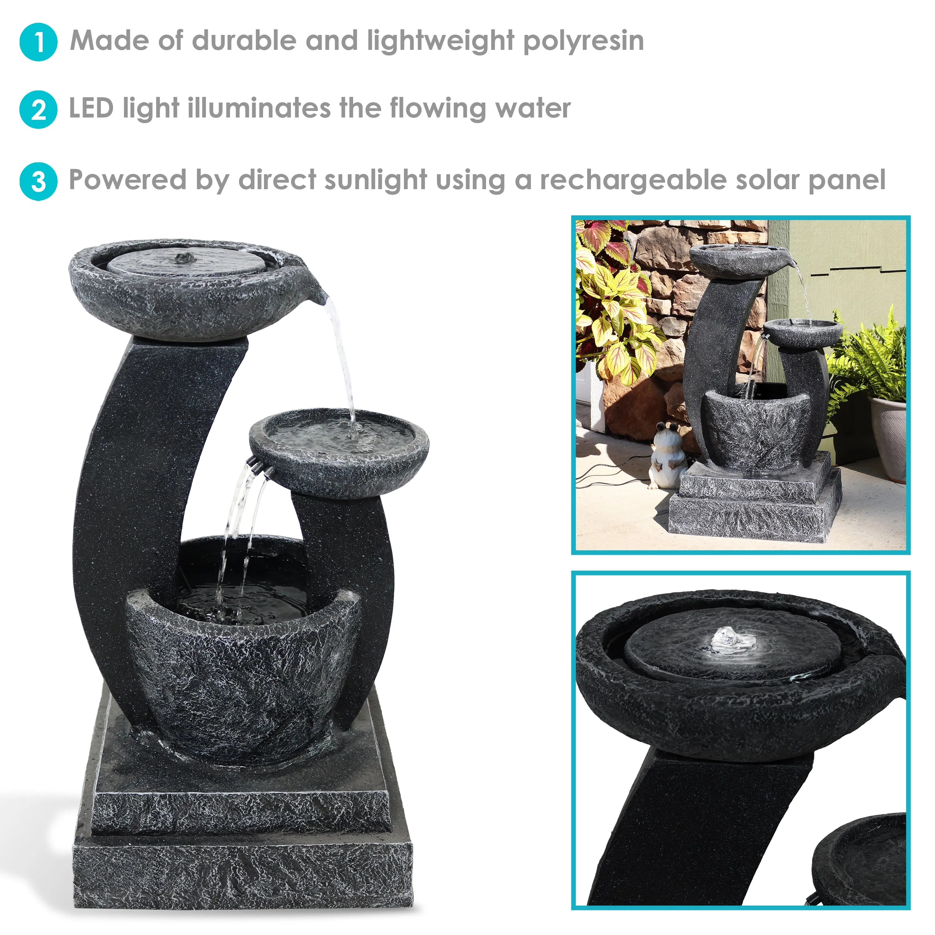 Sunnydaze Modern Cascading Bowls Solar Fountain with Battery Backup