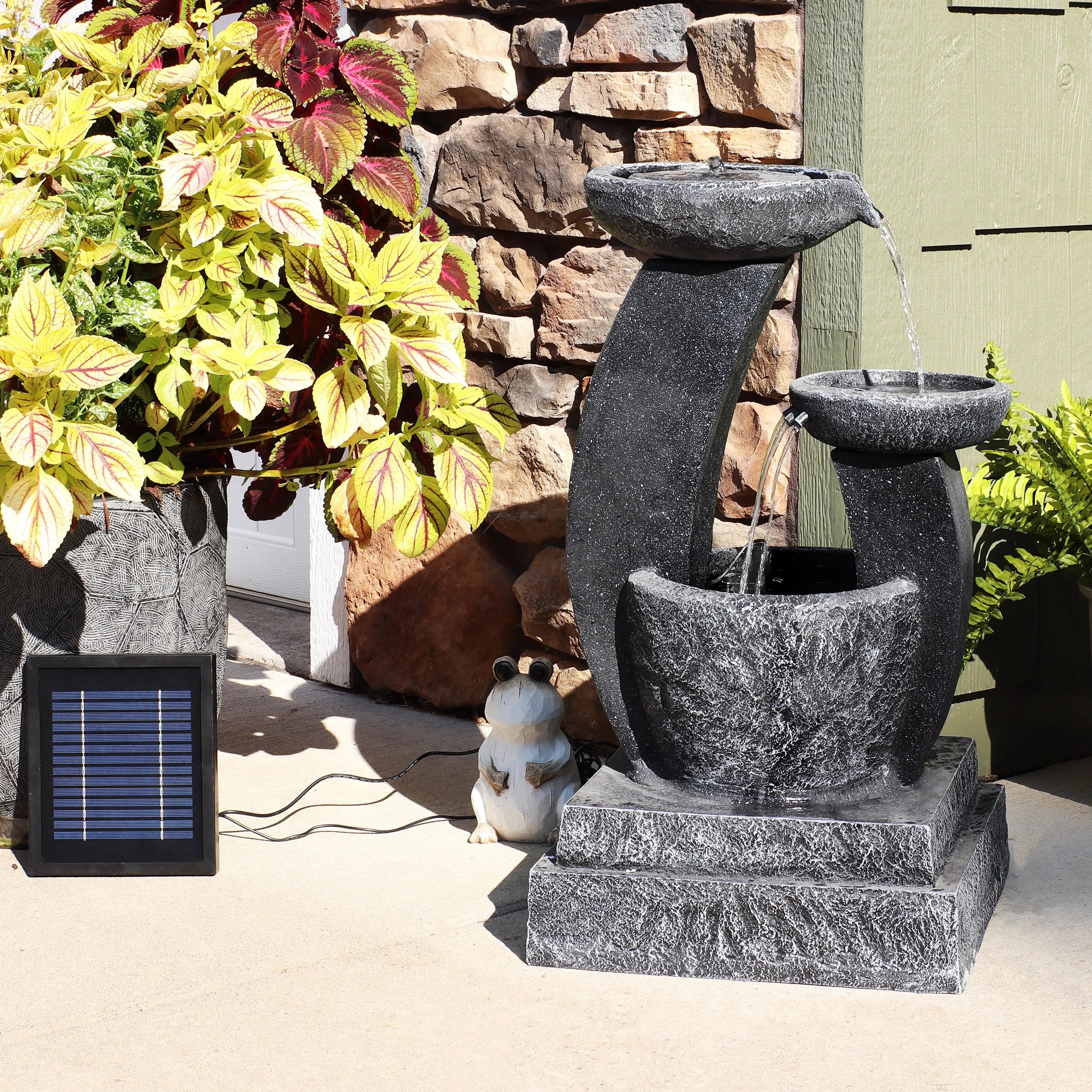 Sunnydaze Modern Cascading Bowls Solar Fountain with Battery Backup