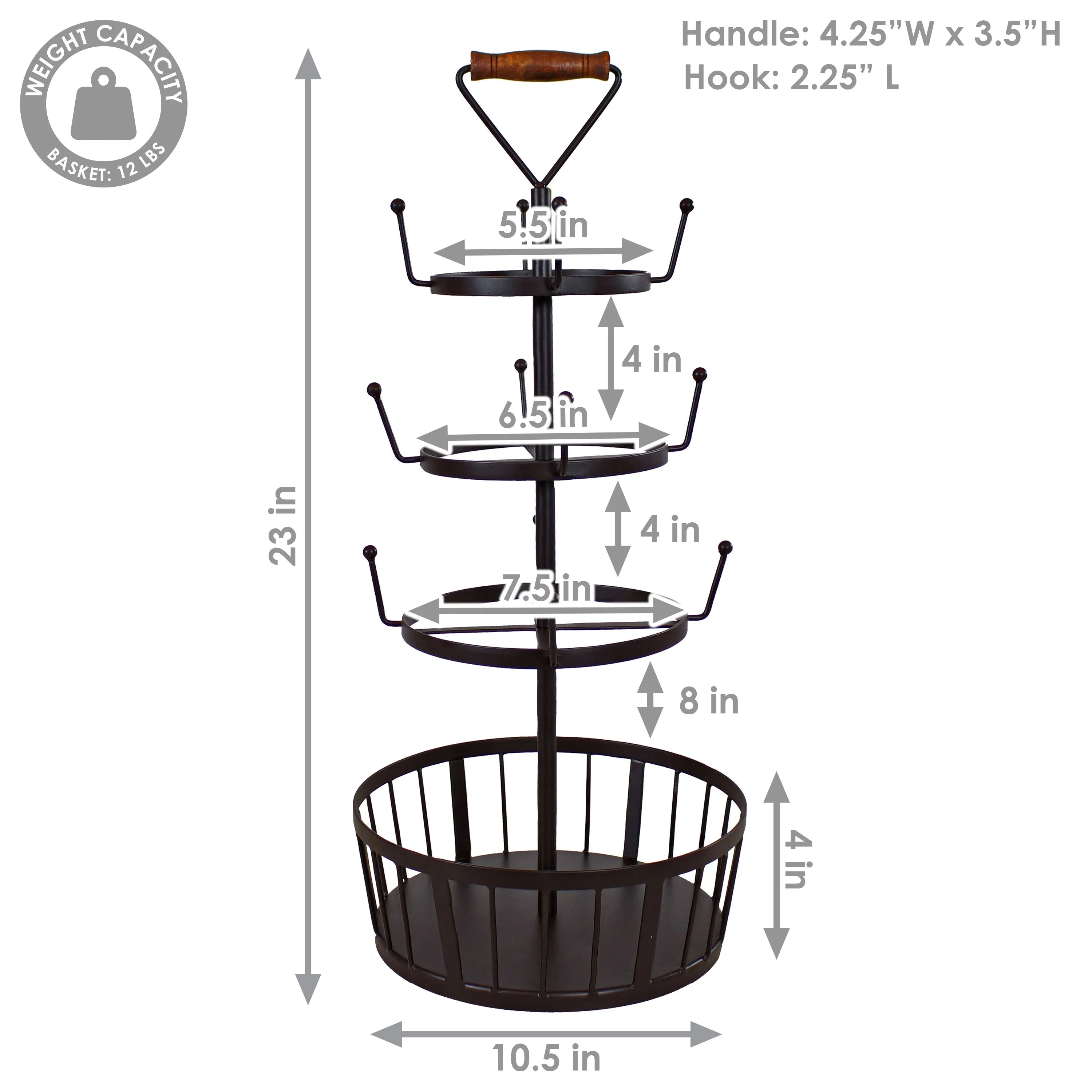 Sunnydaze Round 4-Tier Coffee Mug Tree with Basket - Dark Brown