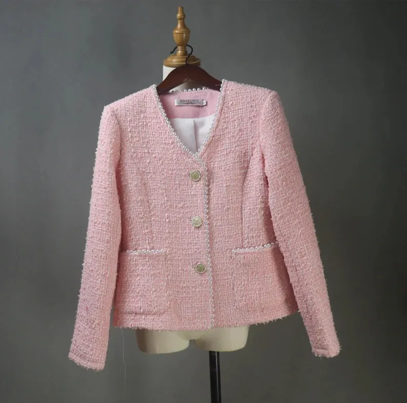 Tailor Made Bespoke Light Pink Suit Tweed  Blazer   Skirt for Women