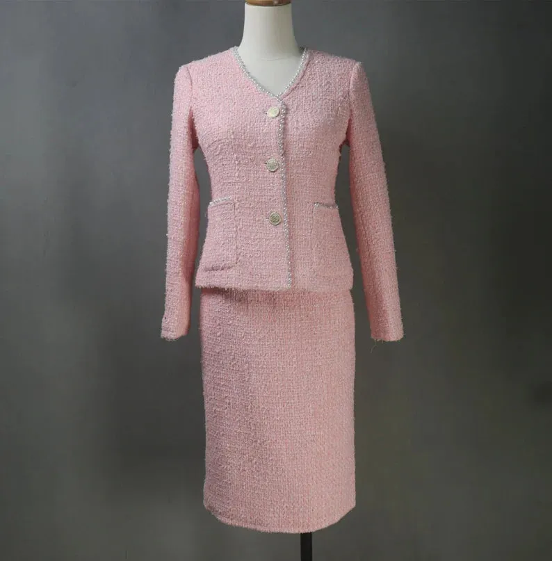 Tailor Made Bespoke Light Pink Suit Tweed  Blazer   Skirt for Women