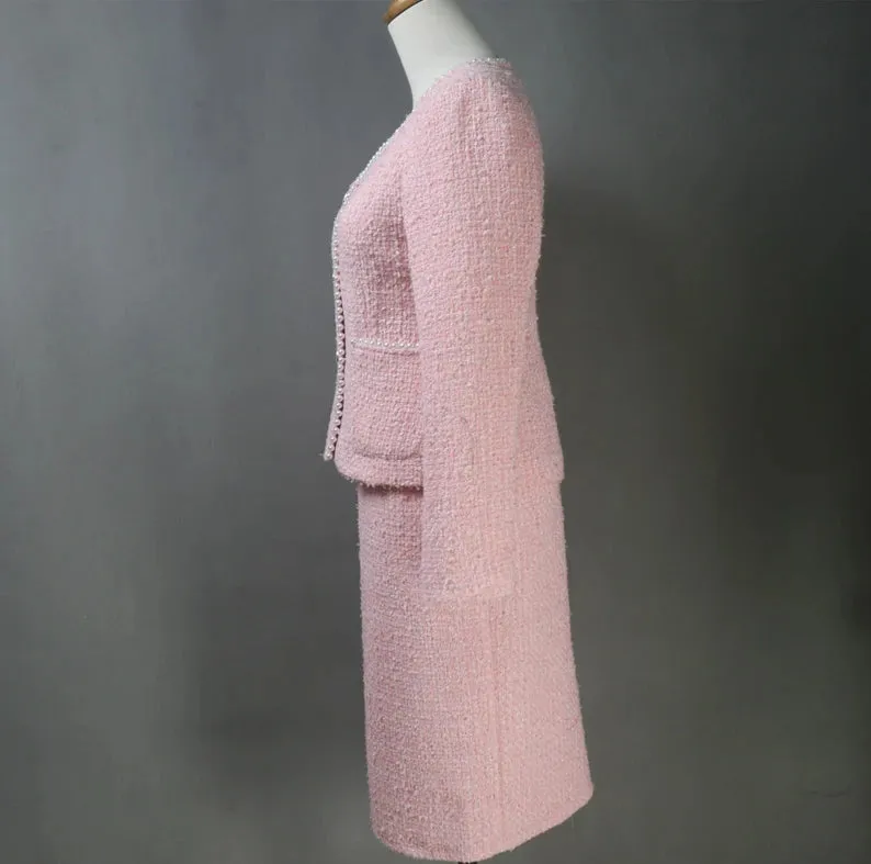 Tailor Made Bespoke Light Pink Suit Tweed  Blazer   Skirt for Women