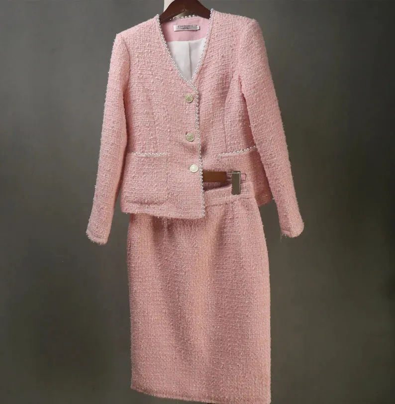 Tailor Made Bespoke Light Pink Suit Tweed  Blazer   Skirt for Women