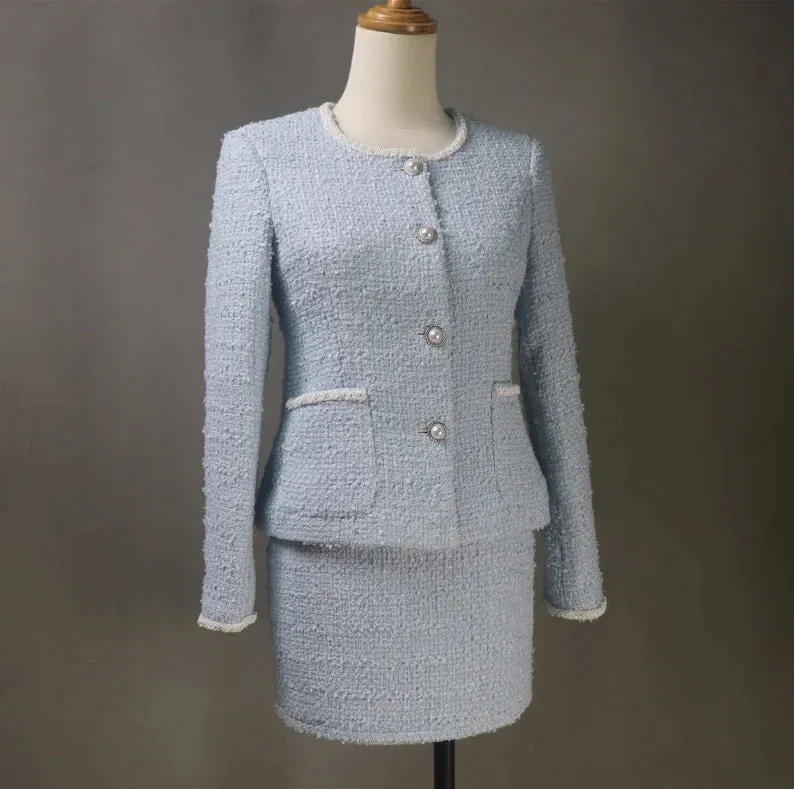 Tailor Made Bespoke Light Pink Suit Tweed  Blazer   Skirt for Women