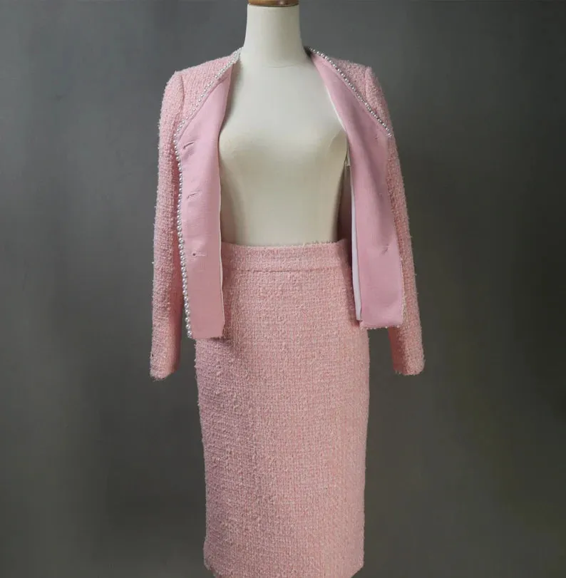 Tailor Made Bespoke Light Pink Suit Tweed  Blazer   Skirt for Women