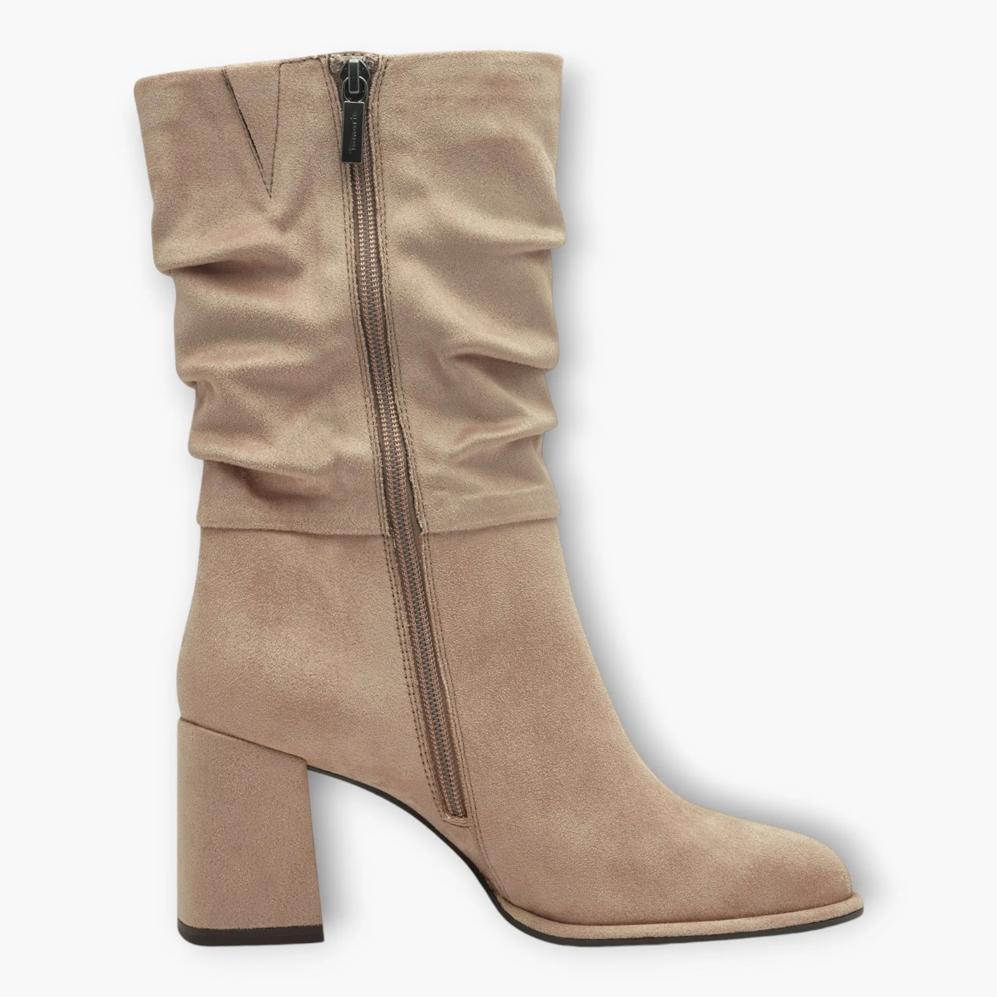 Tamaris Taupe Faux Suede Mid-Calf Boot with Block Heel