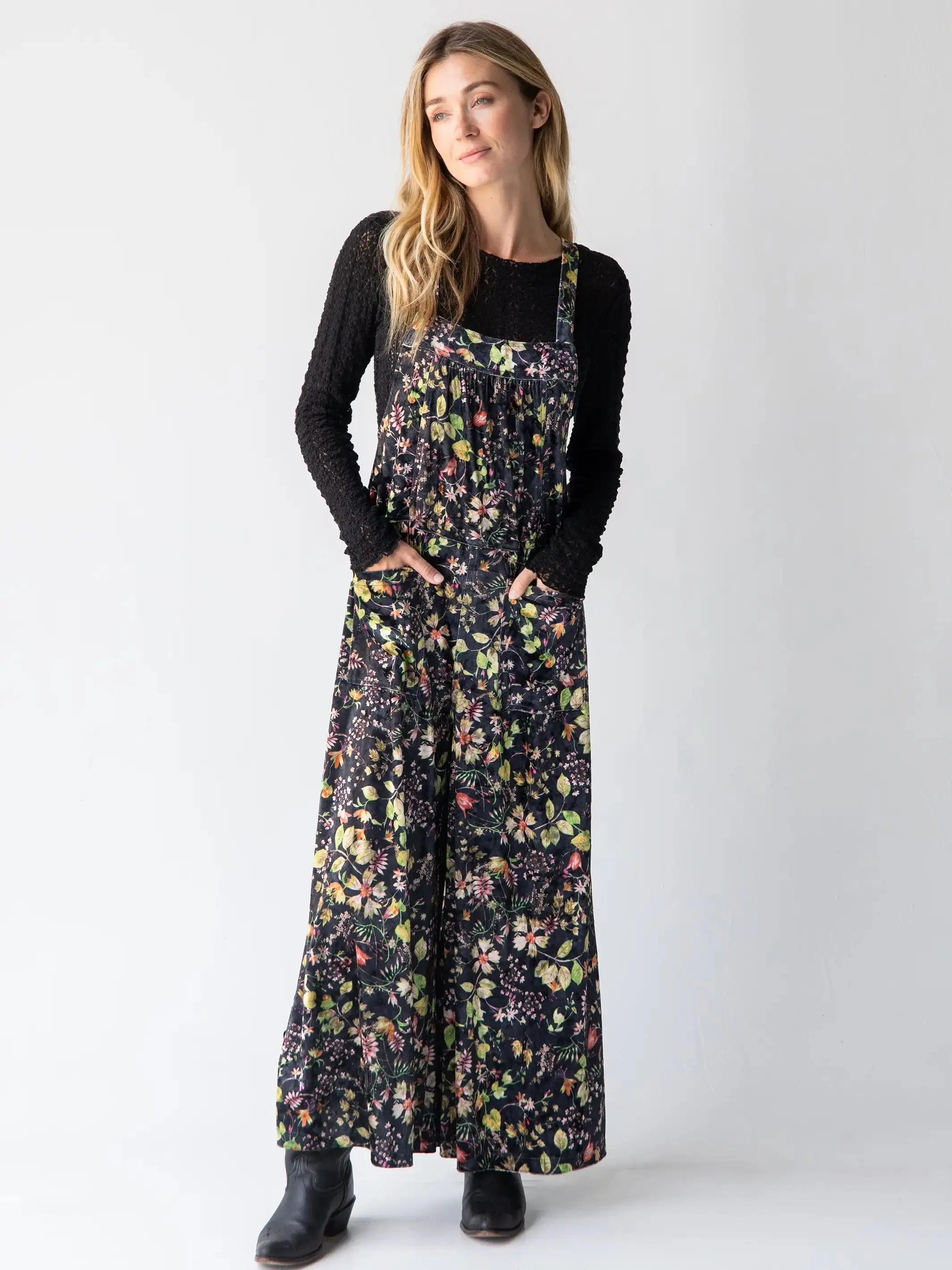 Velvet Dakota Tie Overall - Black Floral Stems