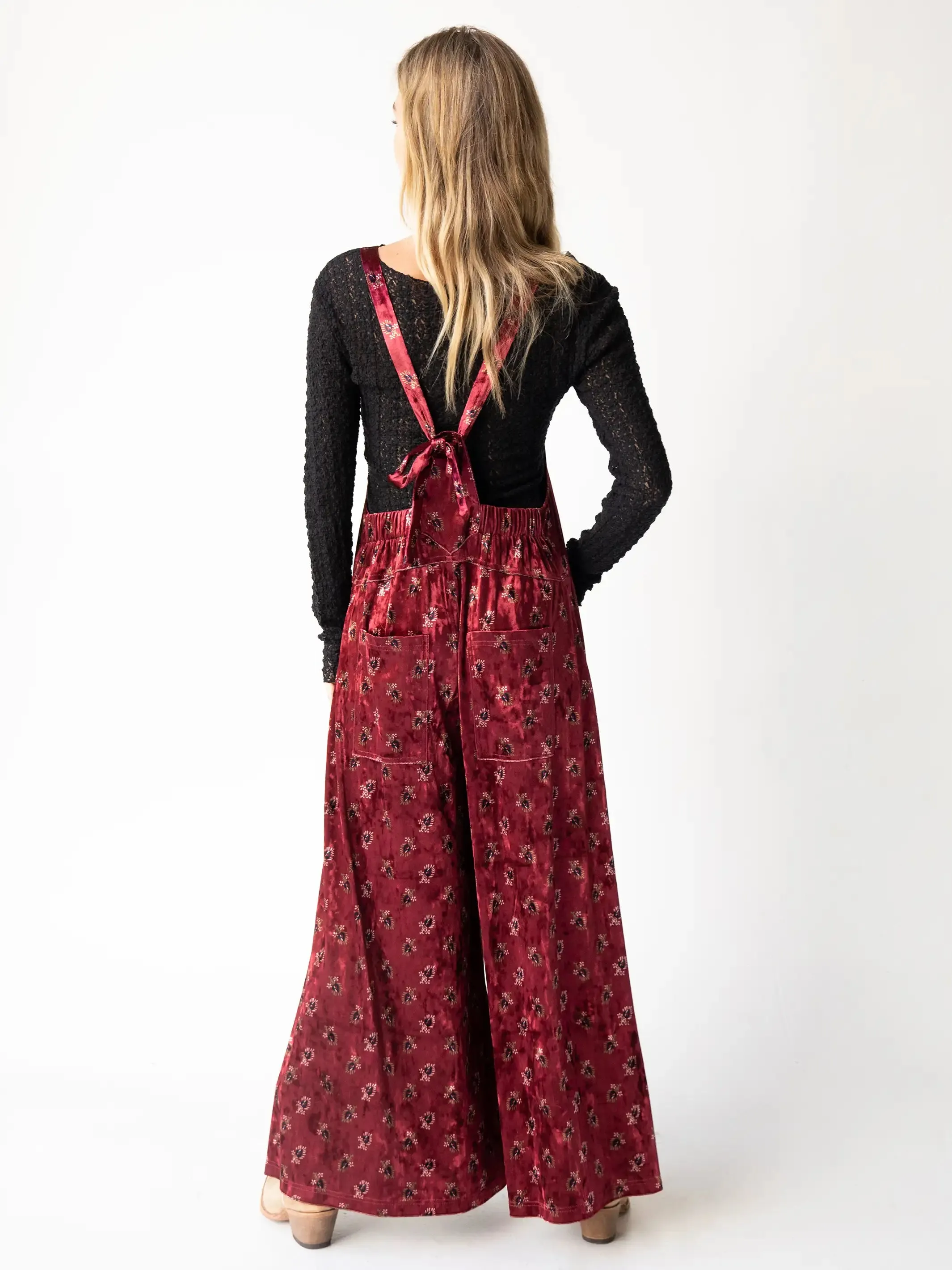 Velvet Dakota Tie Overall - Cranberry Fan Motif