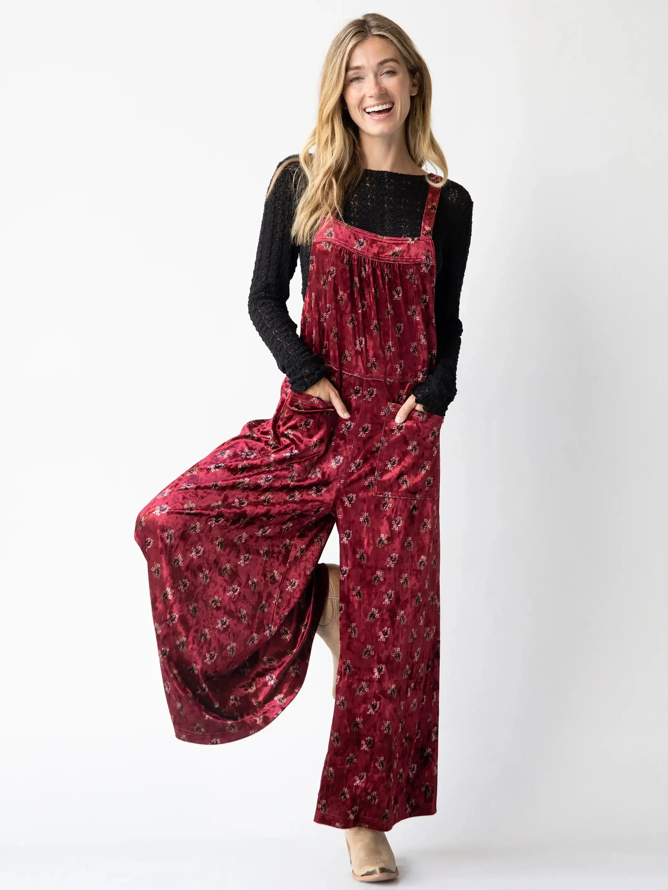 Velvet Dakota Tie Overall - Cranberry Fan Motif