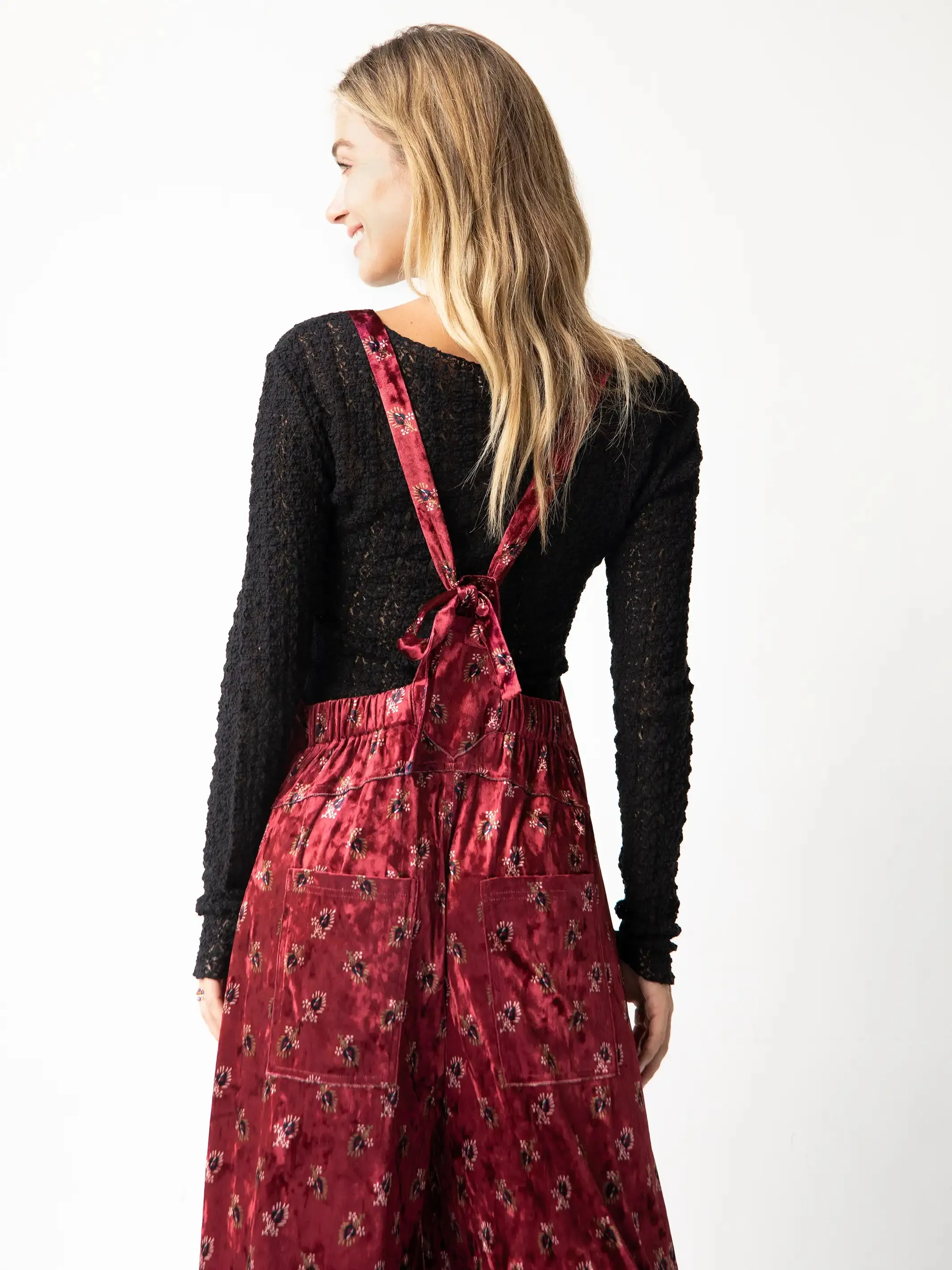 Velvet Dakota Tie Overall - Cranberry Fan Motif