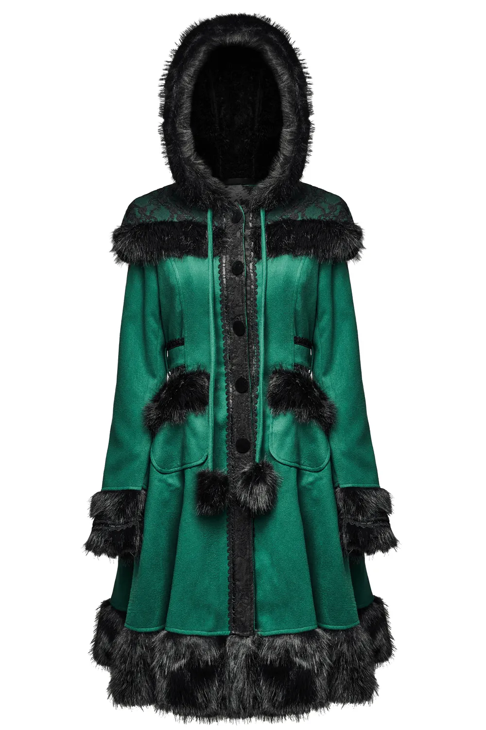 Velvet Hooded Coat with Faux Fur Trim and Bow Accent