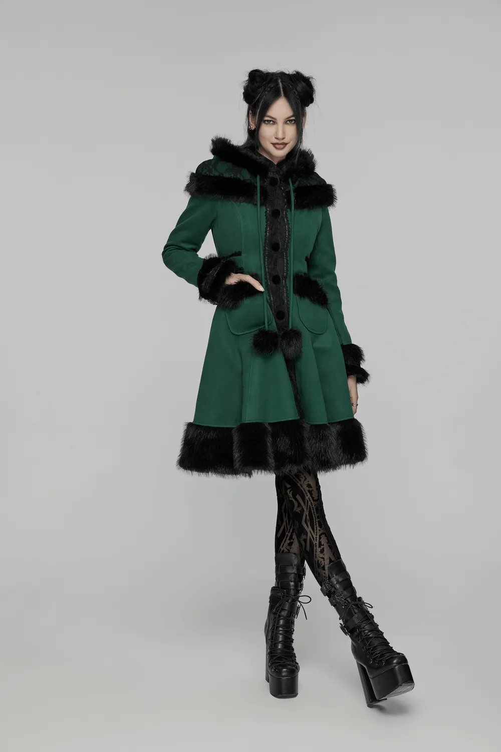 Velvet Hooded Coat with Faux Fur Trim and Bow Accent