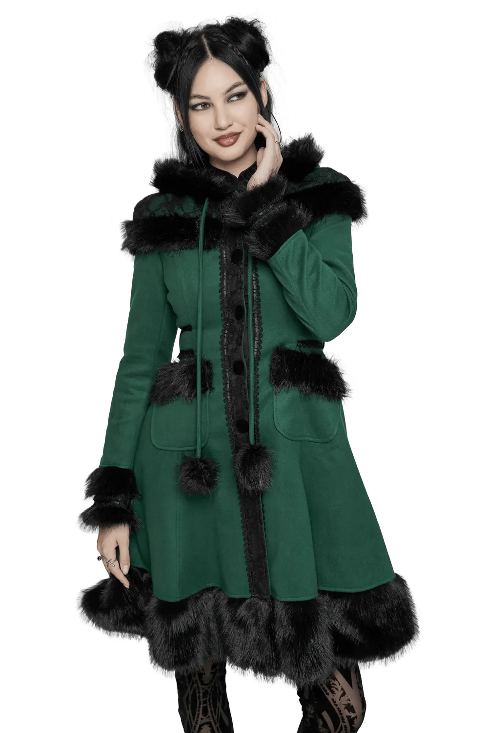 Velvet Hooded Coat with Faux Fur Trim and Bow Accent