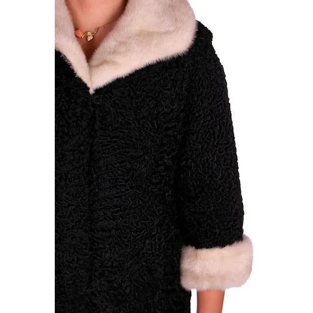 Vintage Swing Coat Black Karakul Fur Persian Lamb White Mink Trim Large 1950s M-L