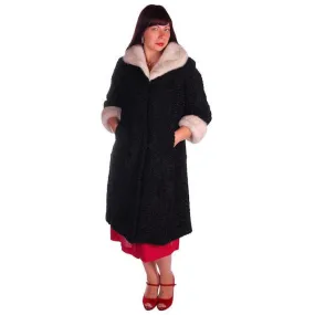 Vintage Swing Coat Black Karakul Fur Persian Lamb White Mink Trim Large 1950s M-L