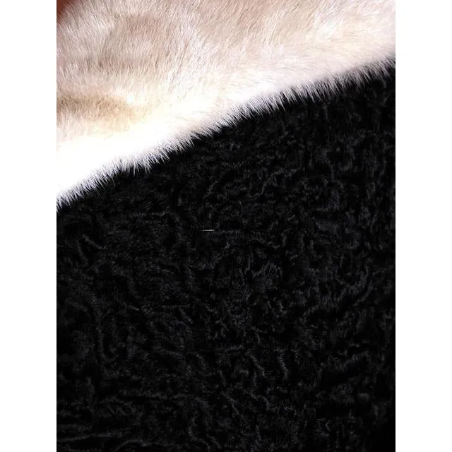 Vintage Swing Coat Black Karakul Fur Persian Lamb White Mink Trim Large 1950s M-L