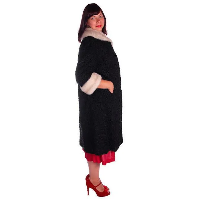 Vintage Swing Coat Black Karakul Fur Persian Lamb White Mink Trim Large 1950s M-L