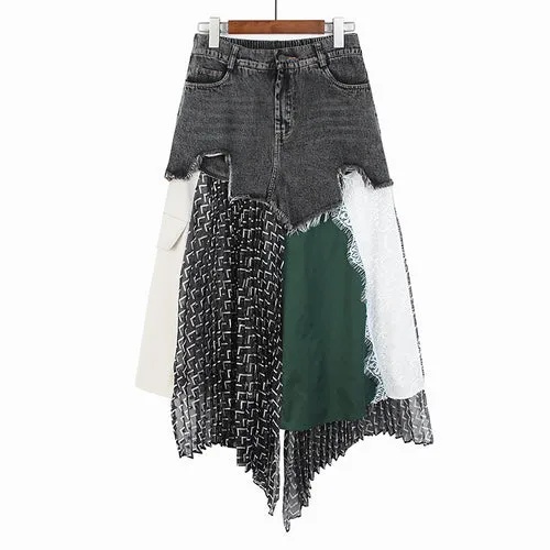 Vintage Woolen Denim with Irregular Personality Stitching A-line Skirt