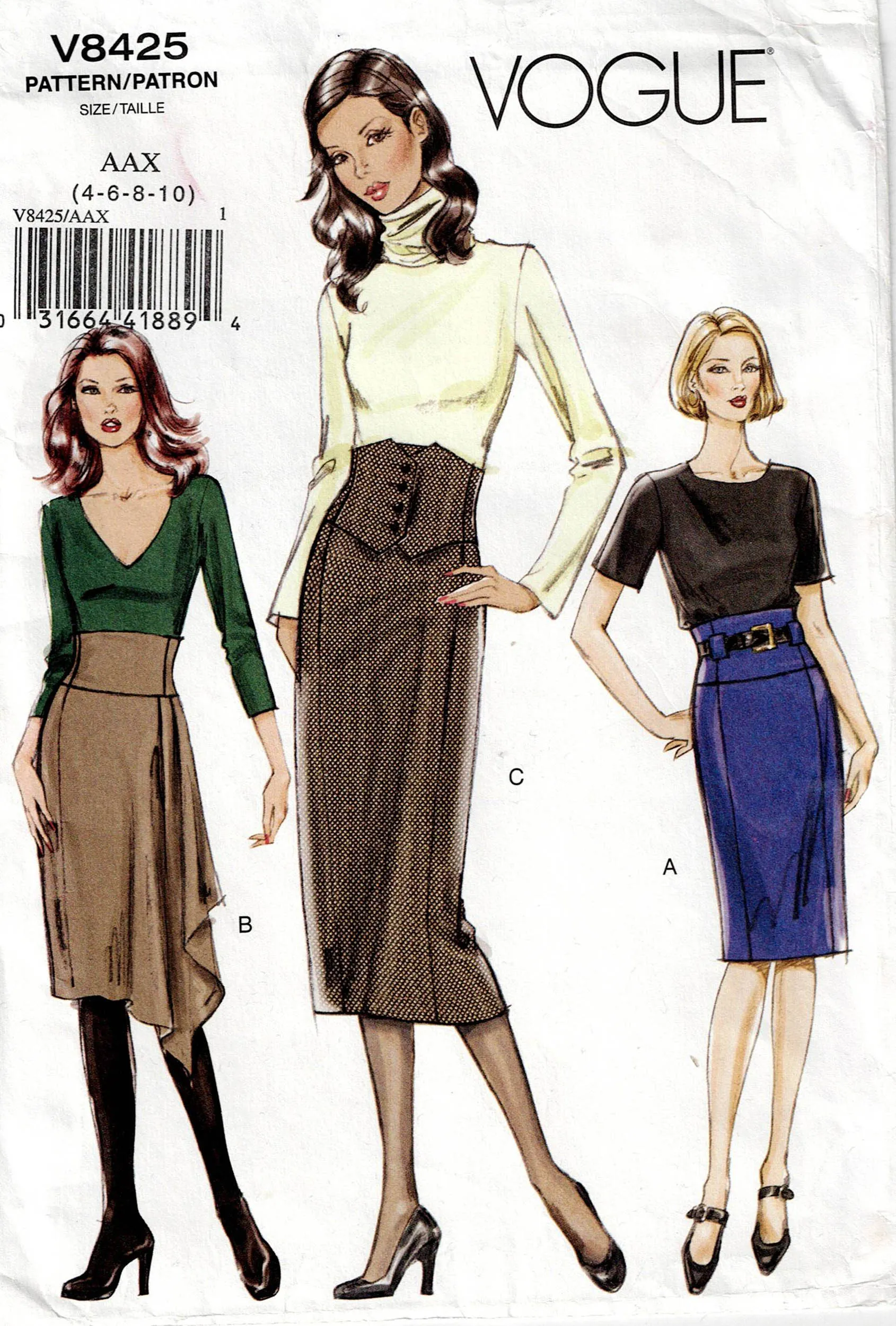 Vogue V8425 Womens High Waisted Skirt Asymmetric Waist Cinch Panel Out Of Print Sewing Pattern Size 4 - 10 UNCUT Factory Folded