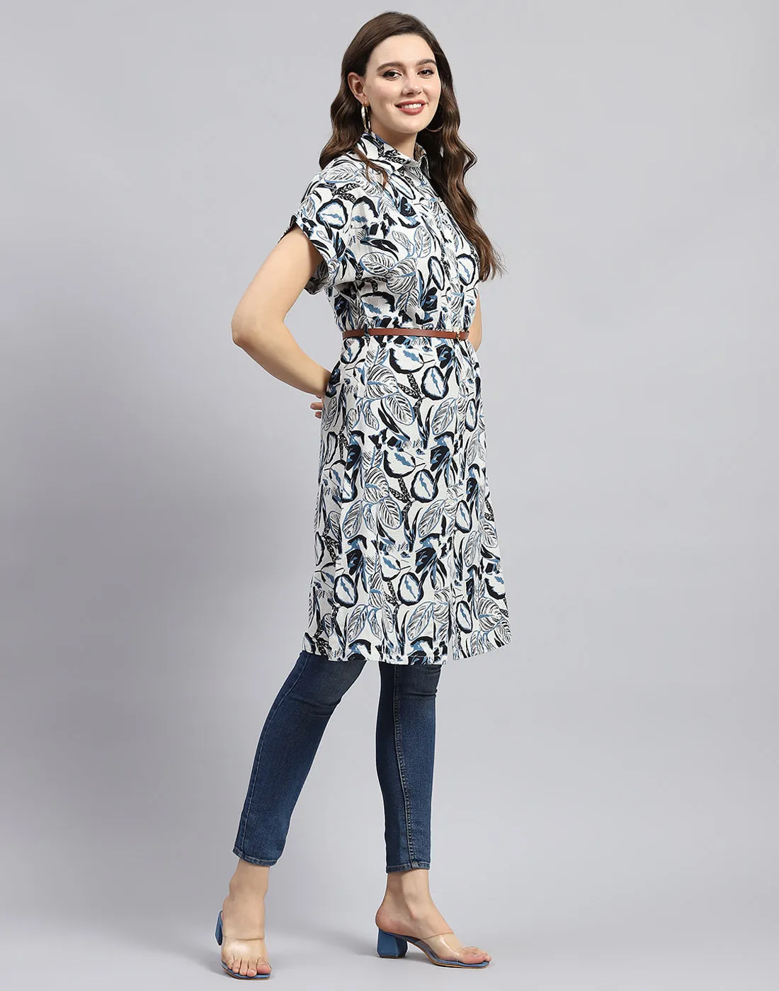 Women Navy Blue Printed Collar Half Sleeve Tunic