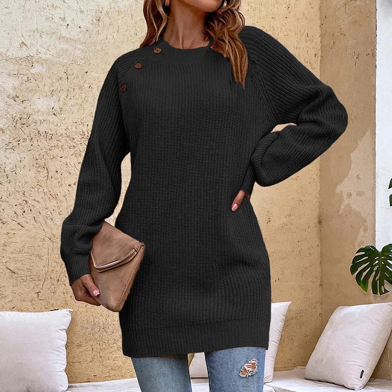 Women Sweaters Kniting Round Collar Pullover Long Buttons Skirts