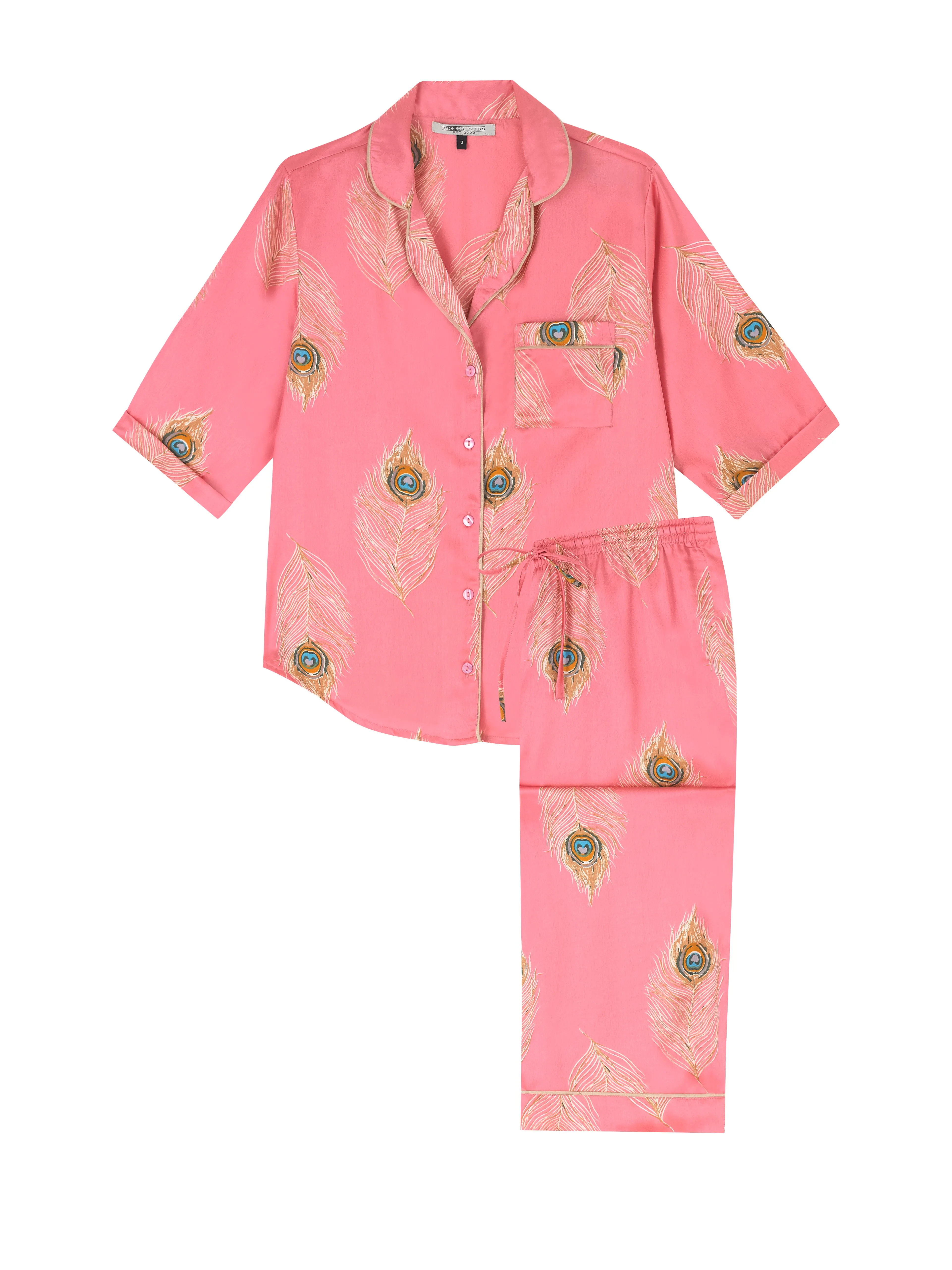 Womens Satin Capri Pyjamas Gold Peacock Feather