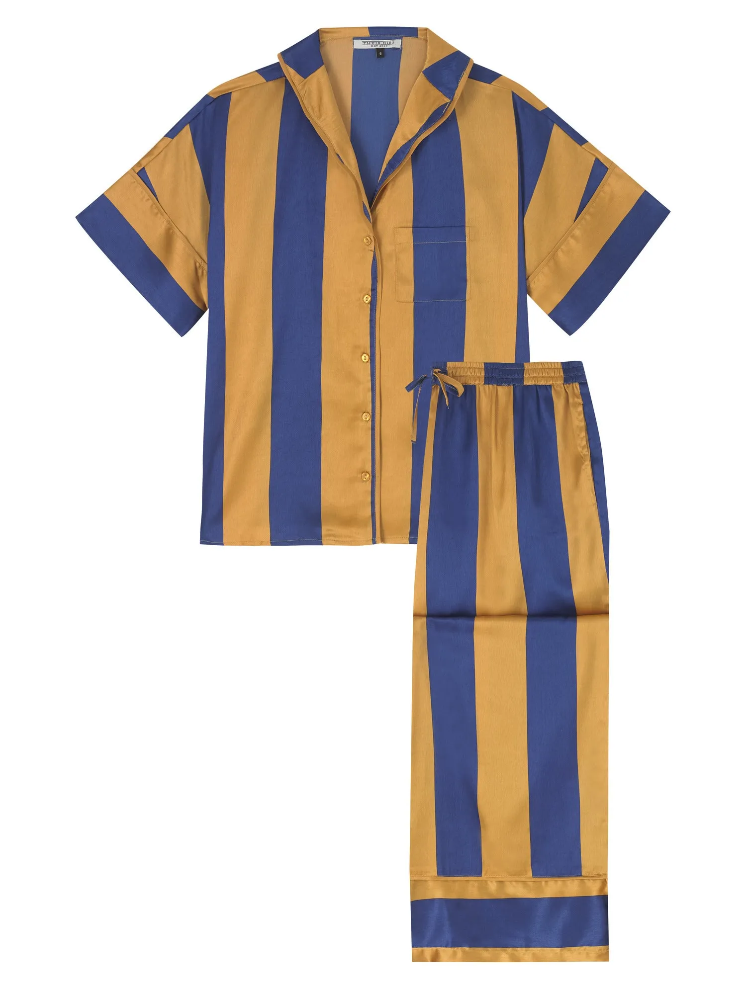 Womens Satin Oversize Stripe Pyjamas Blue