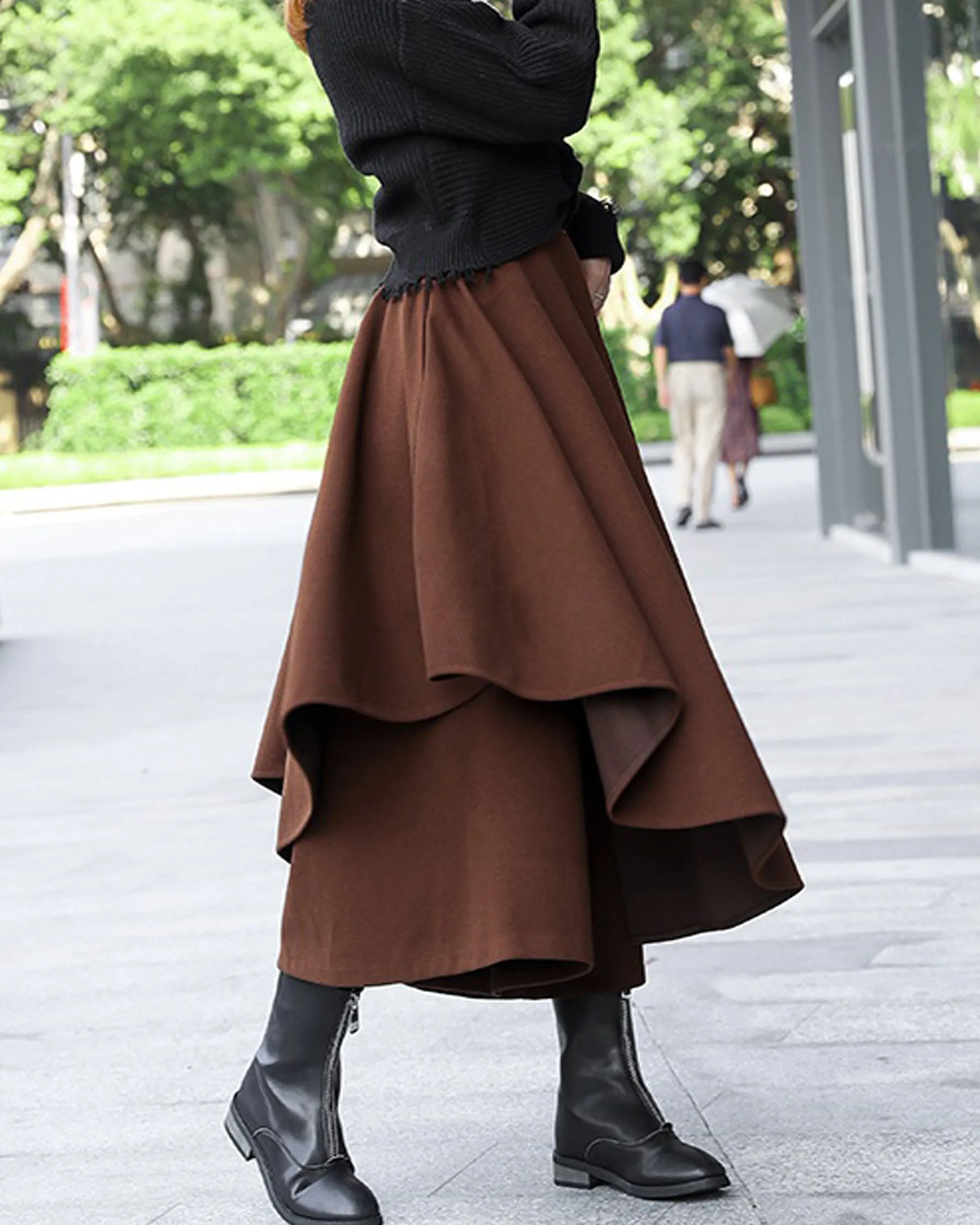 wool skirt pants, wide leg pants, womens black trousers, pants with pocket, winter pants(K1909)