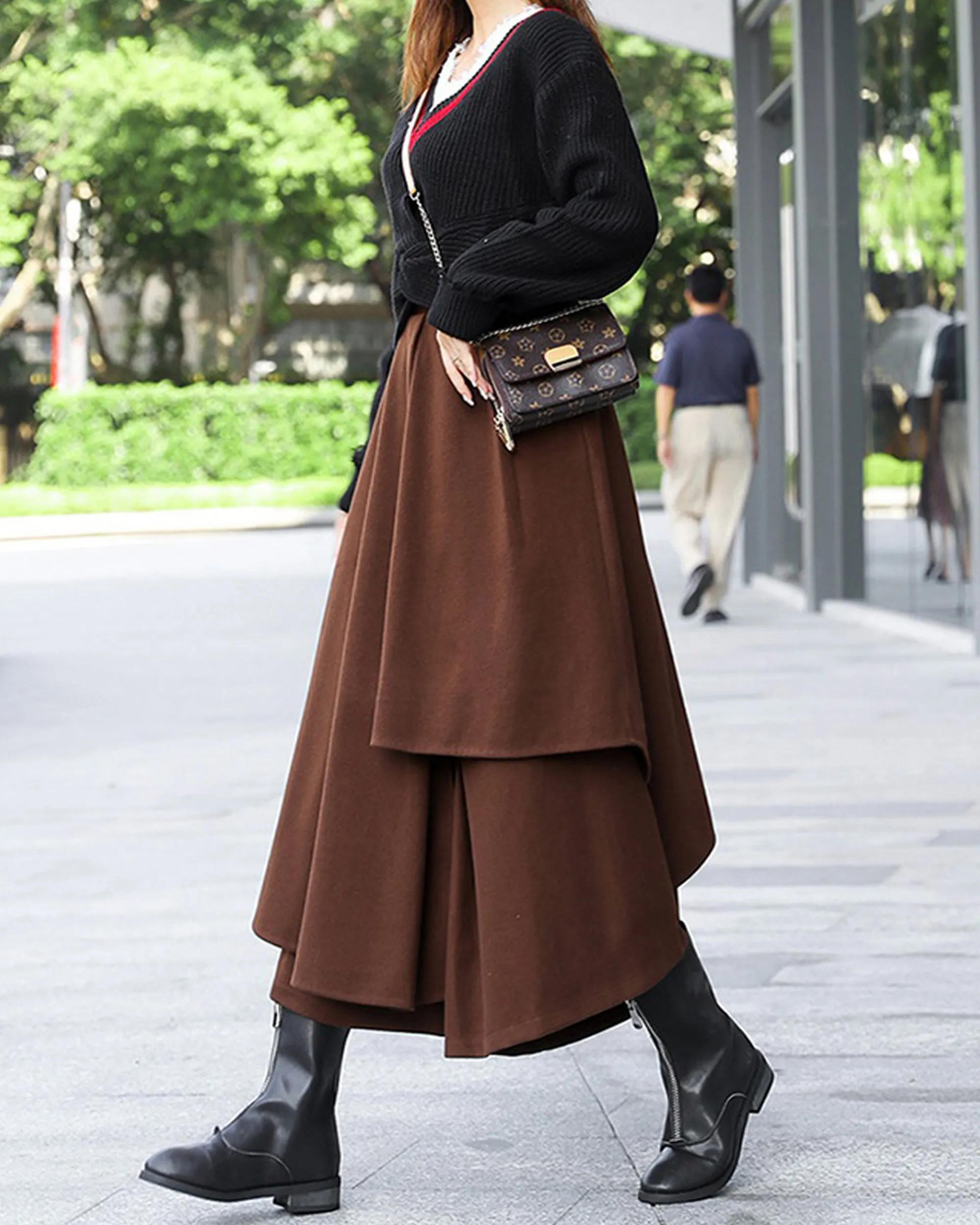 wool skirt pants, wide leg pants, womens black trousers, pants with pocket, winter pants(K1909)