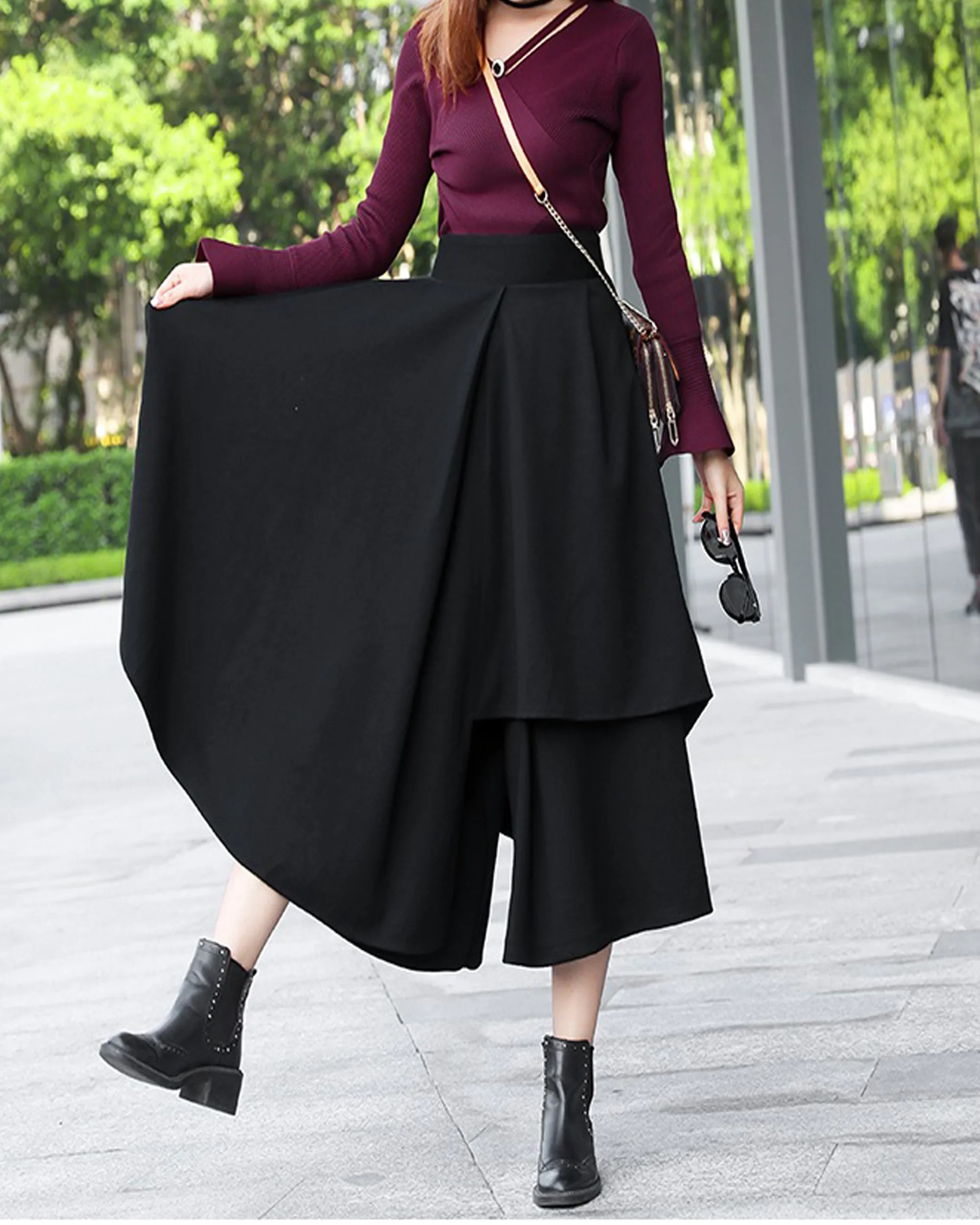 wool skirt pants, wide leg pants, womens black trousers, pants with pocket, winter pants(K1909)