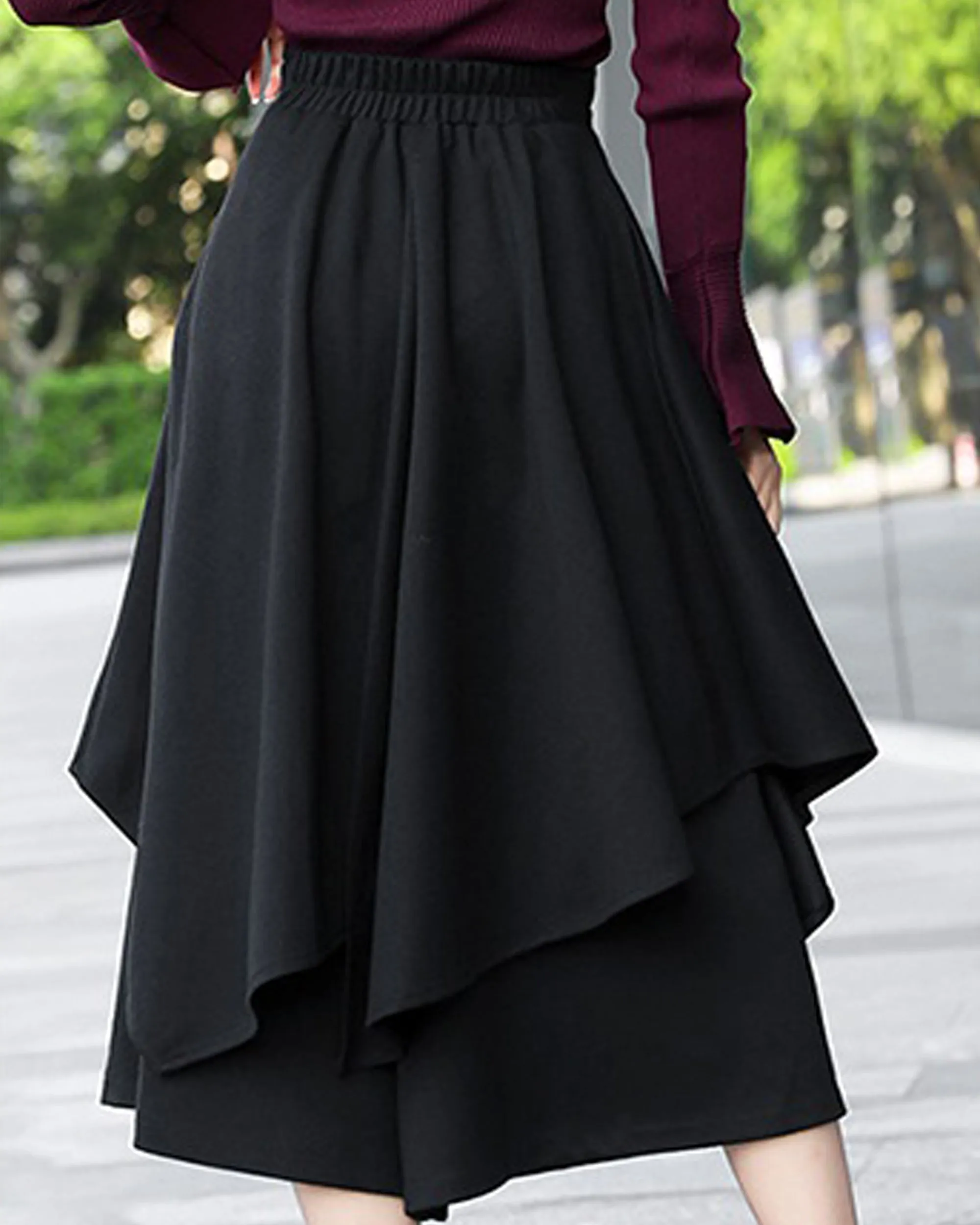 wool skirt pants, wide leg pants, womens black trousers, pants with pocket, winter pants(K1909)