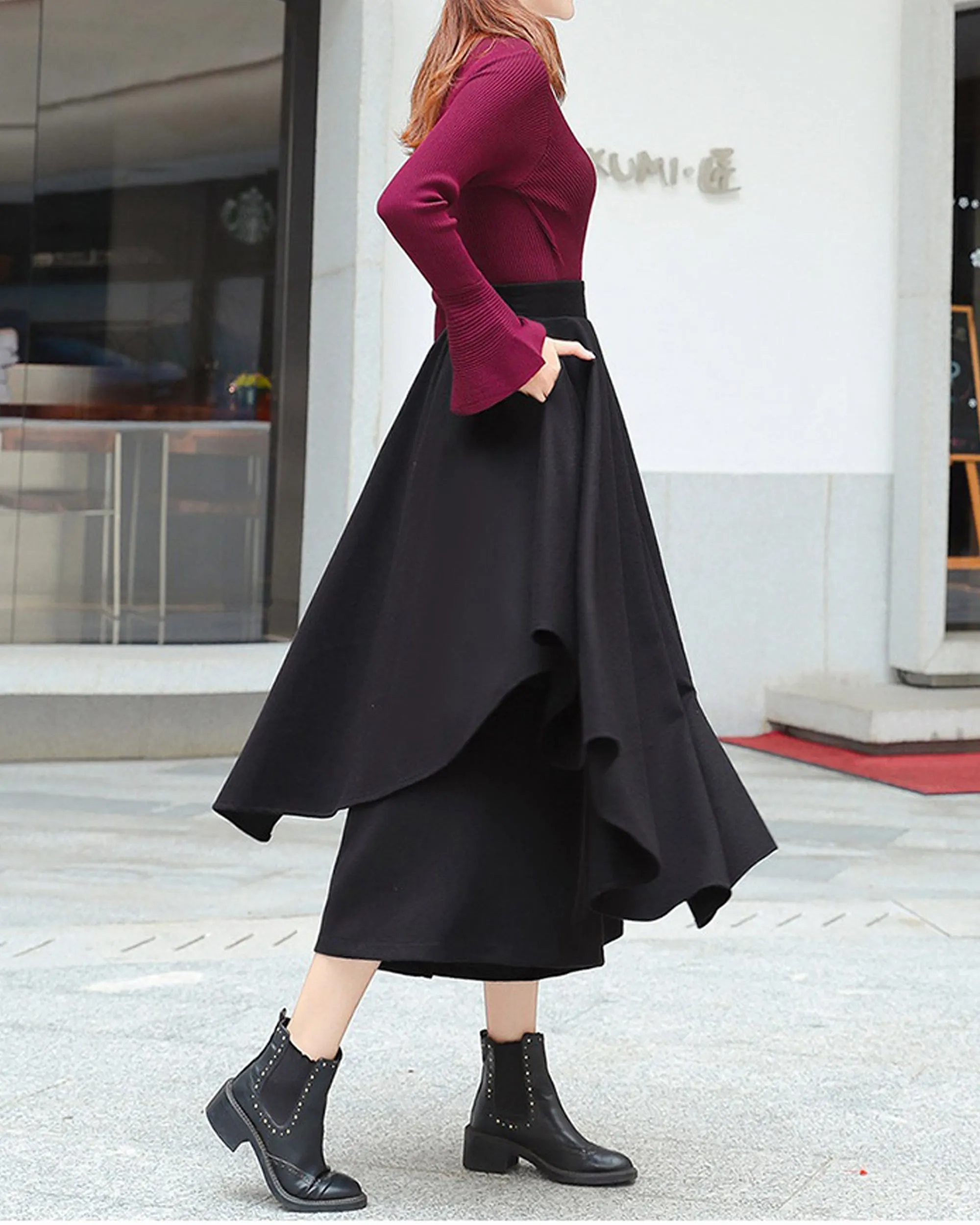 wool skirt pants, wide leg pants, womens black trousers, pants with pocket, winter pants(K1909)