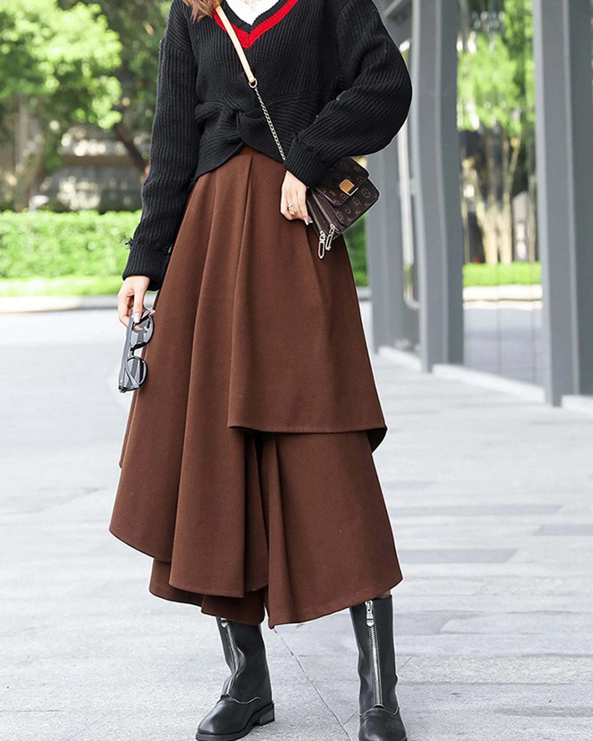 wool skirt pants, wide leg pants, womens black trousers, pants with pocket, winter pants(K1909)