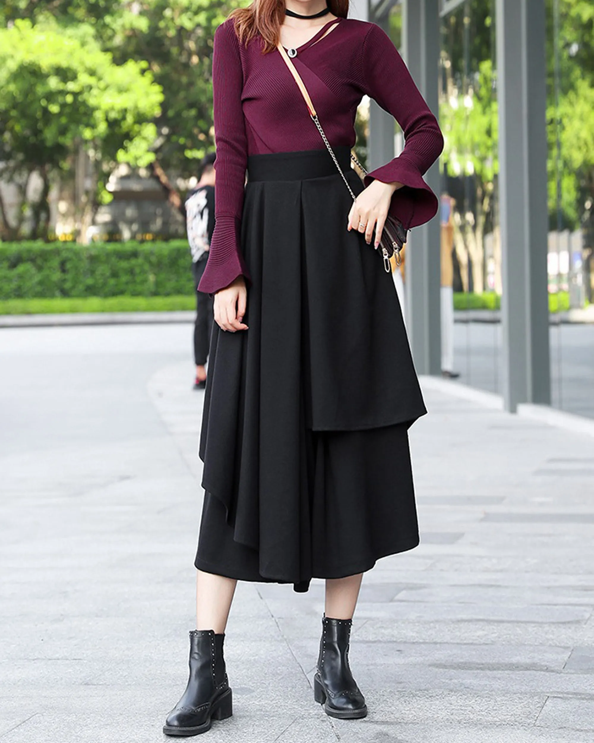 wool skirt pants, wide leg pants, womens black trousers, pants with pocket, winter pants(K1909)