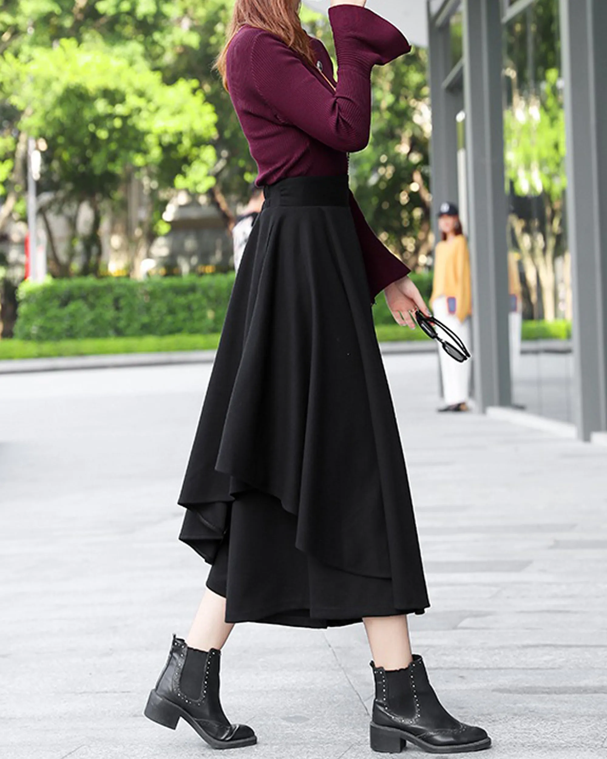 wool skirt pants, wide leg pants, womens black trousers, pants with pocket, winter pants(K1909)