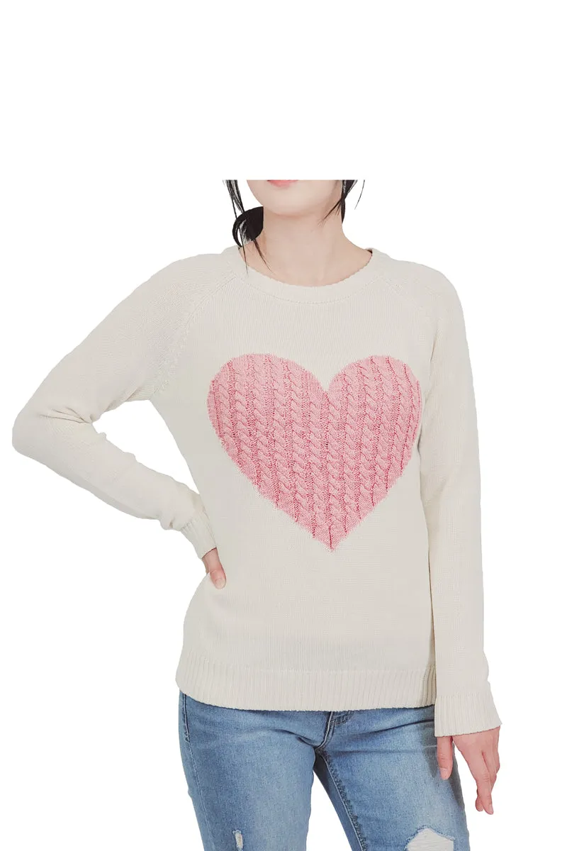 YEMAK Women's Long Sleeve Crewneck Cute Heart Cable Knit Pullover Sweater MK3506 (S-L)