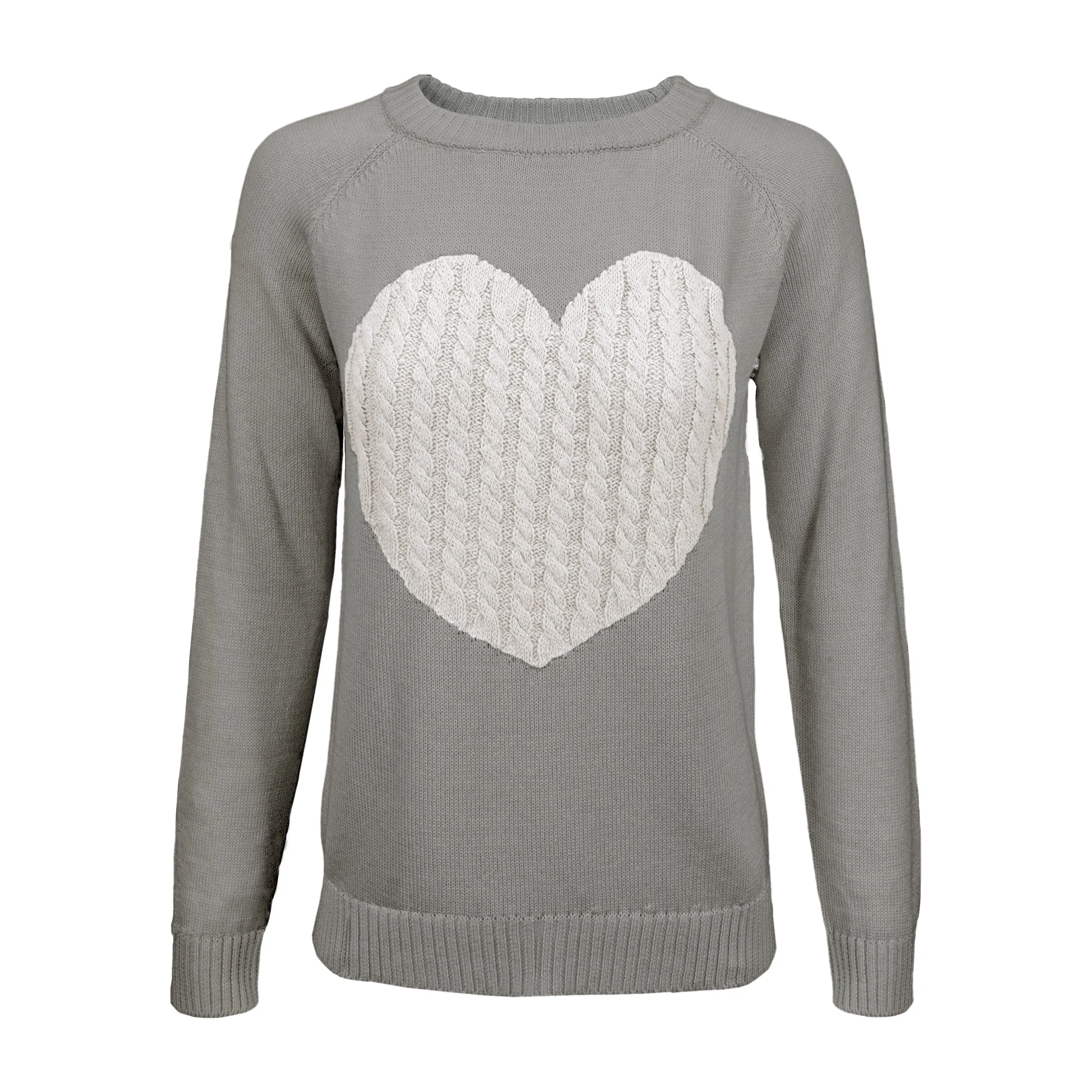 YEMAK Women's Long Sleeve Crewneck Cute Heart Cable Knit Pullover Sweater MK3506 (S-L)