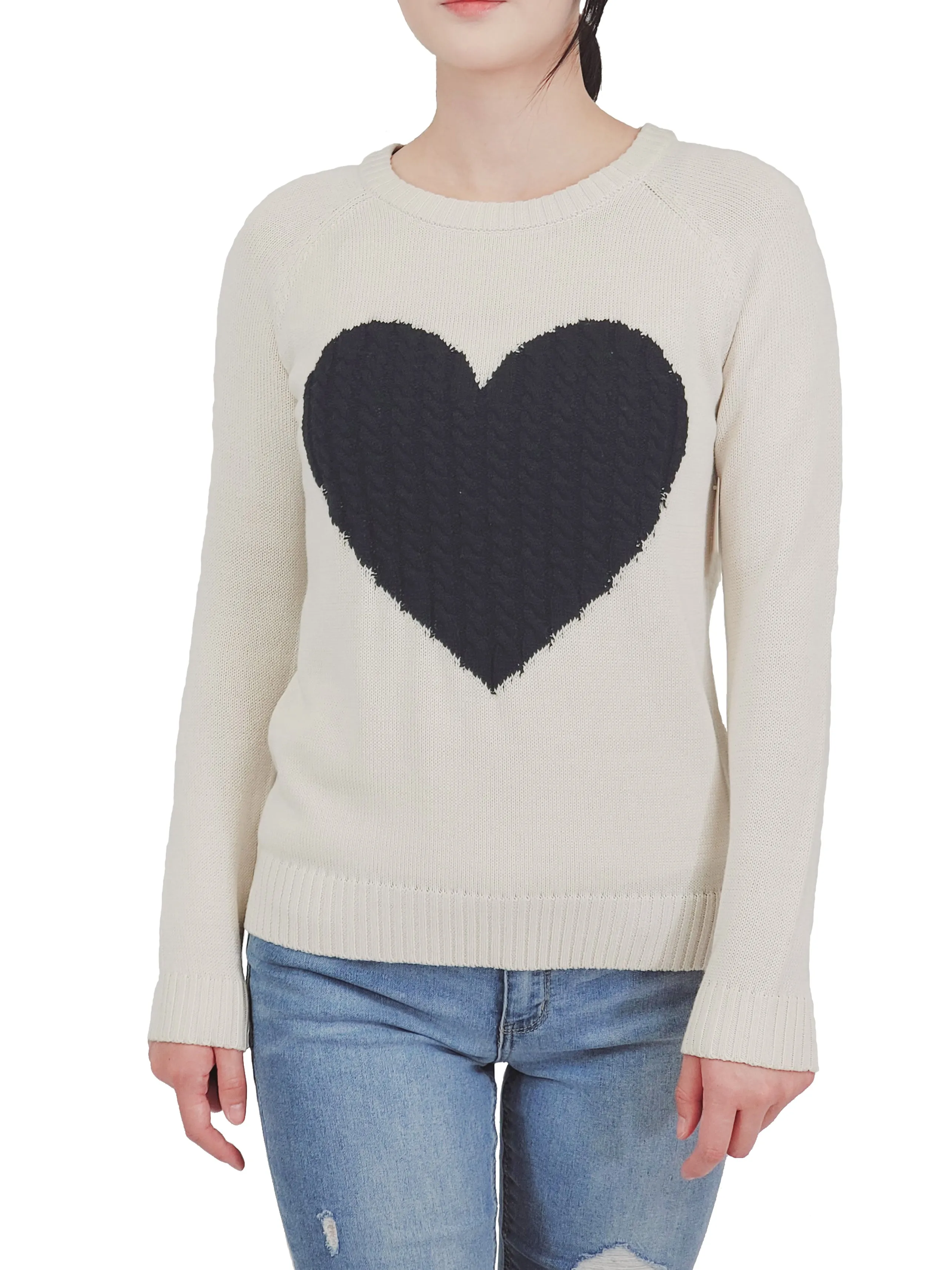 YEMAK Women's Long Sleeve Crewneck Cute Heart Cable Knit Pullover Sweater MK3506 (S-L)