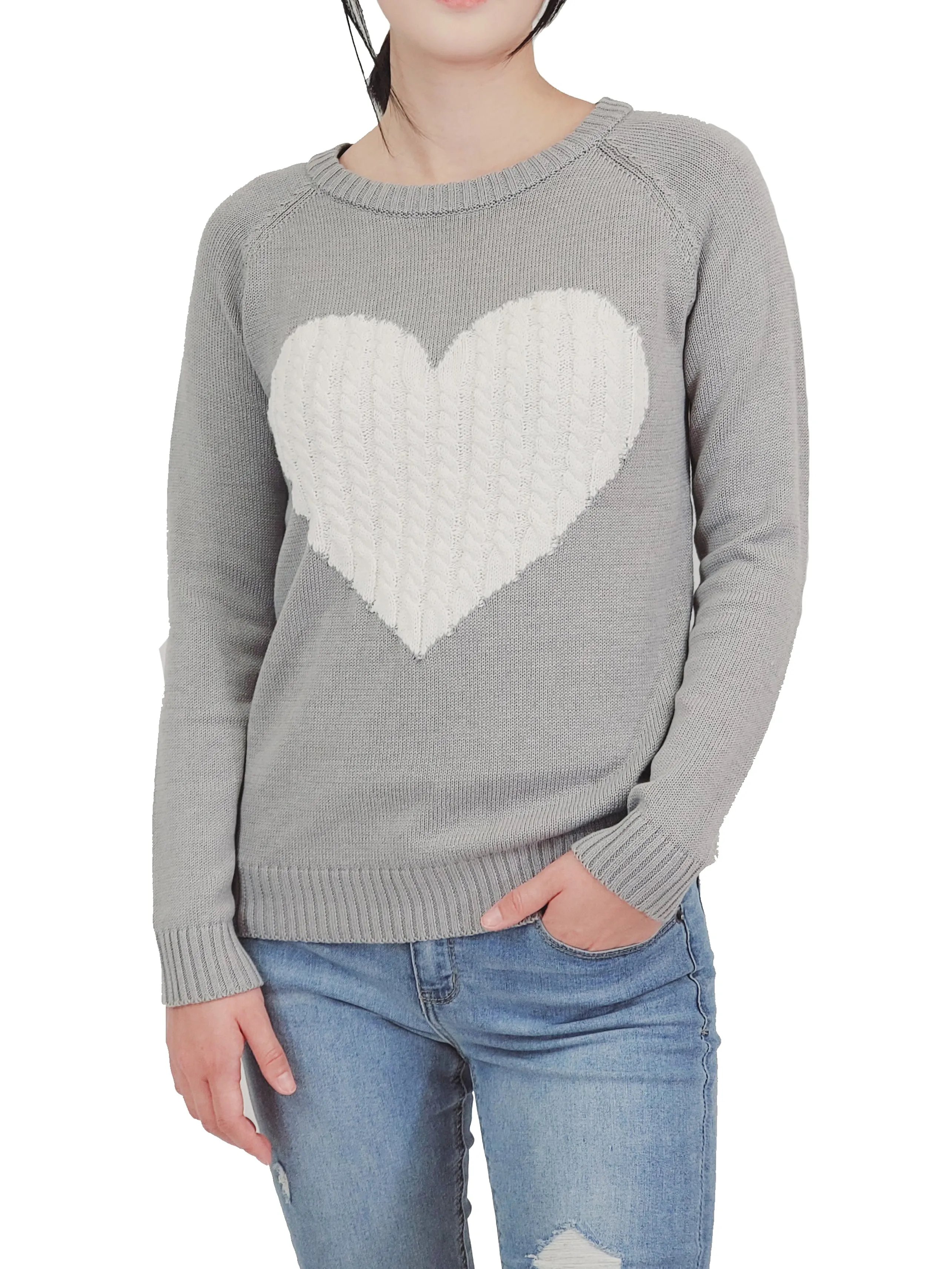 YEMAK Women's Long Sleeve Crewneck Cute Heart Cable Knit Pullover Sweater MK3506 (S-L)