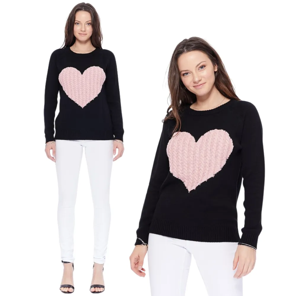 YEMAK Women's Long Sleeve Crewneck Cute Heart Cable Knit Pullover Sweater MK3506 (S-L)