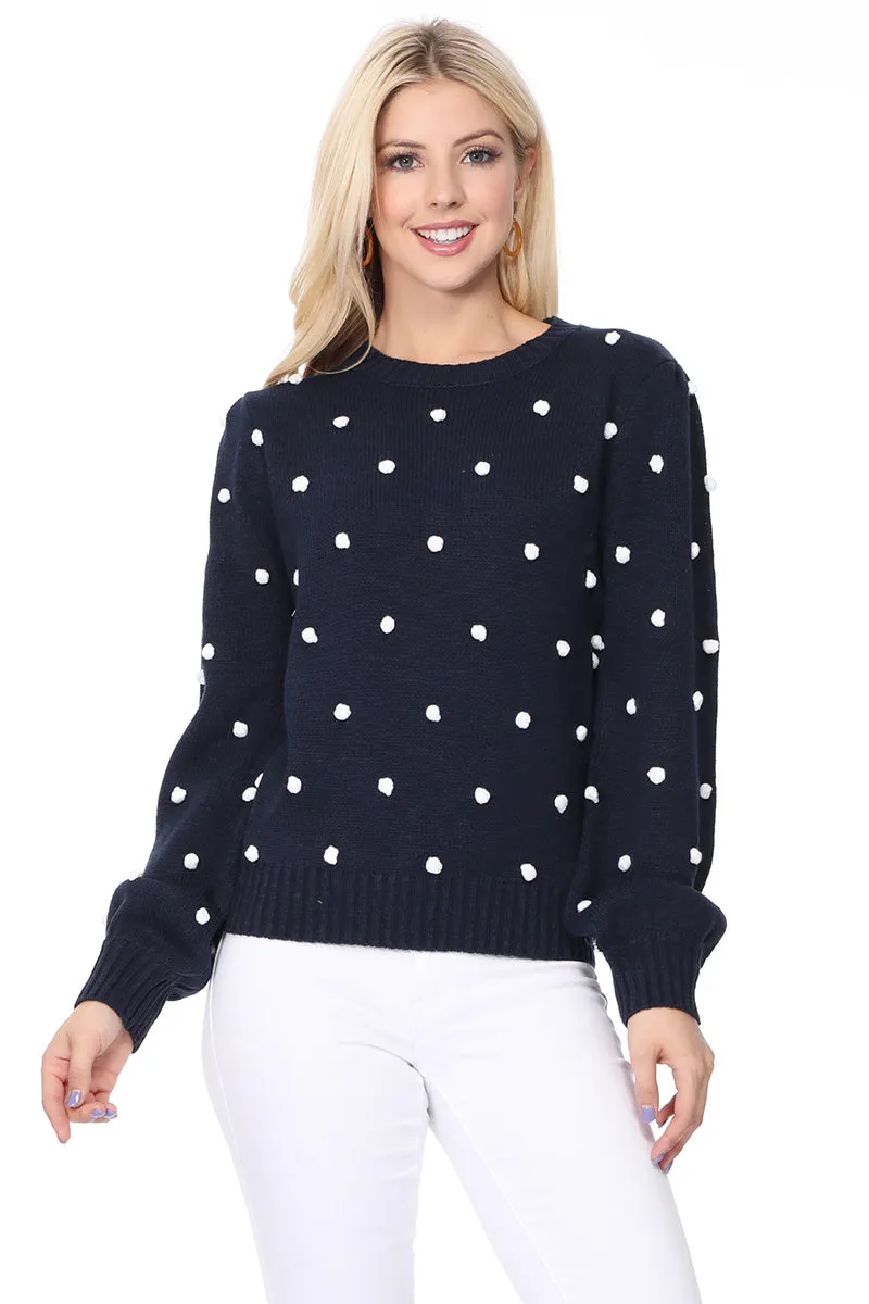 Yemak Women's Long Sleeve Round Neck Pom Pom Polka Dot Sweater Pullover MK8228 (S-L)