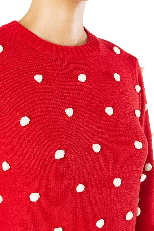 Yemak Women's Long Sleeve Round Neck Pom Pom Polka Dot Sweater Pullover MK8228 (S-L)