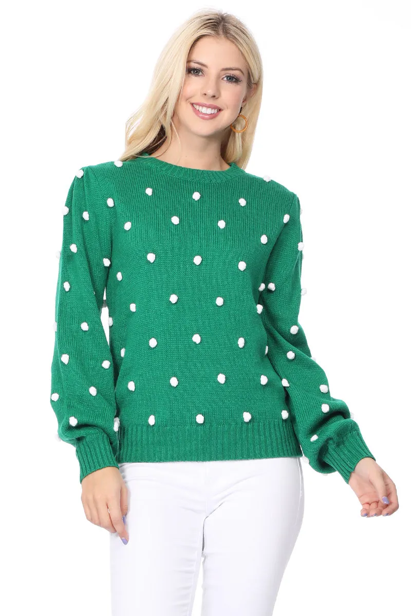 Yemak Women's Long Sleeve Round Neck Pom Pom Polka Dot Sweater Pullover MK8228 (S-L)