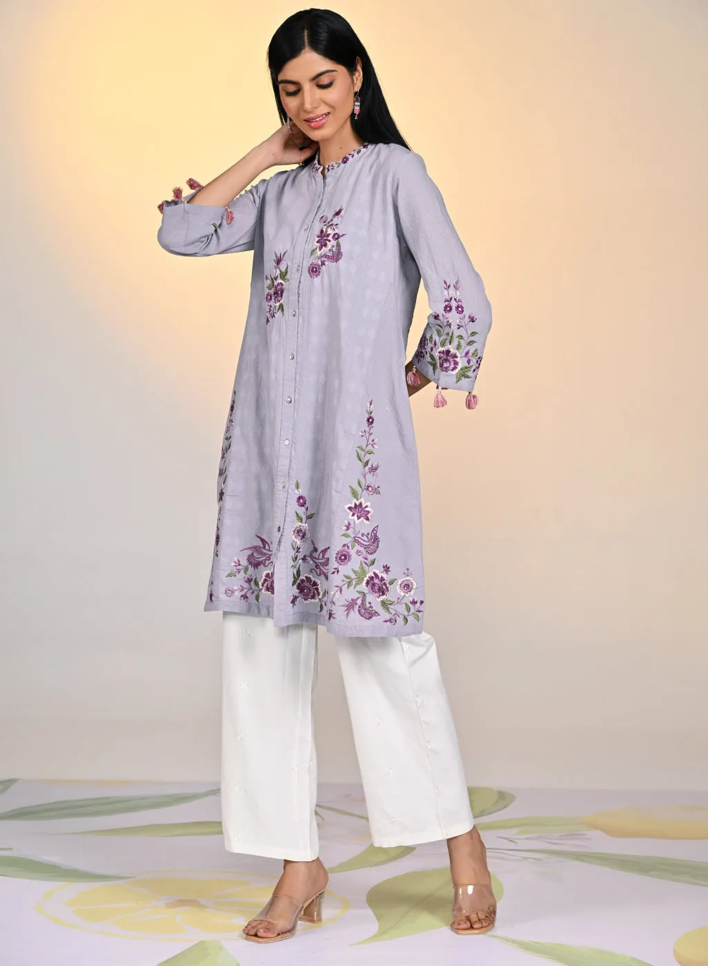 Zaheen Lavender Embroidered Cotton Jacquard Tunic for Women