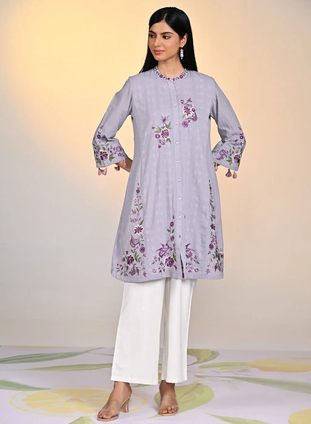 Zaheen Lavender Embroidered Cotton Jacquard Tunic for Women