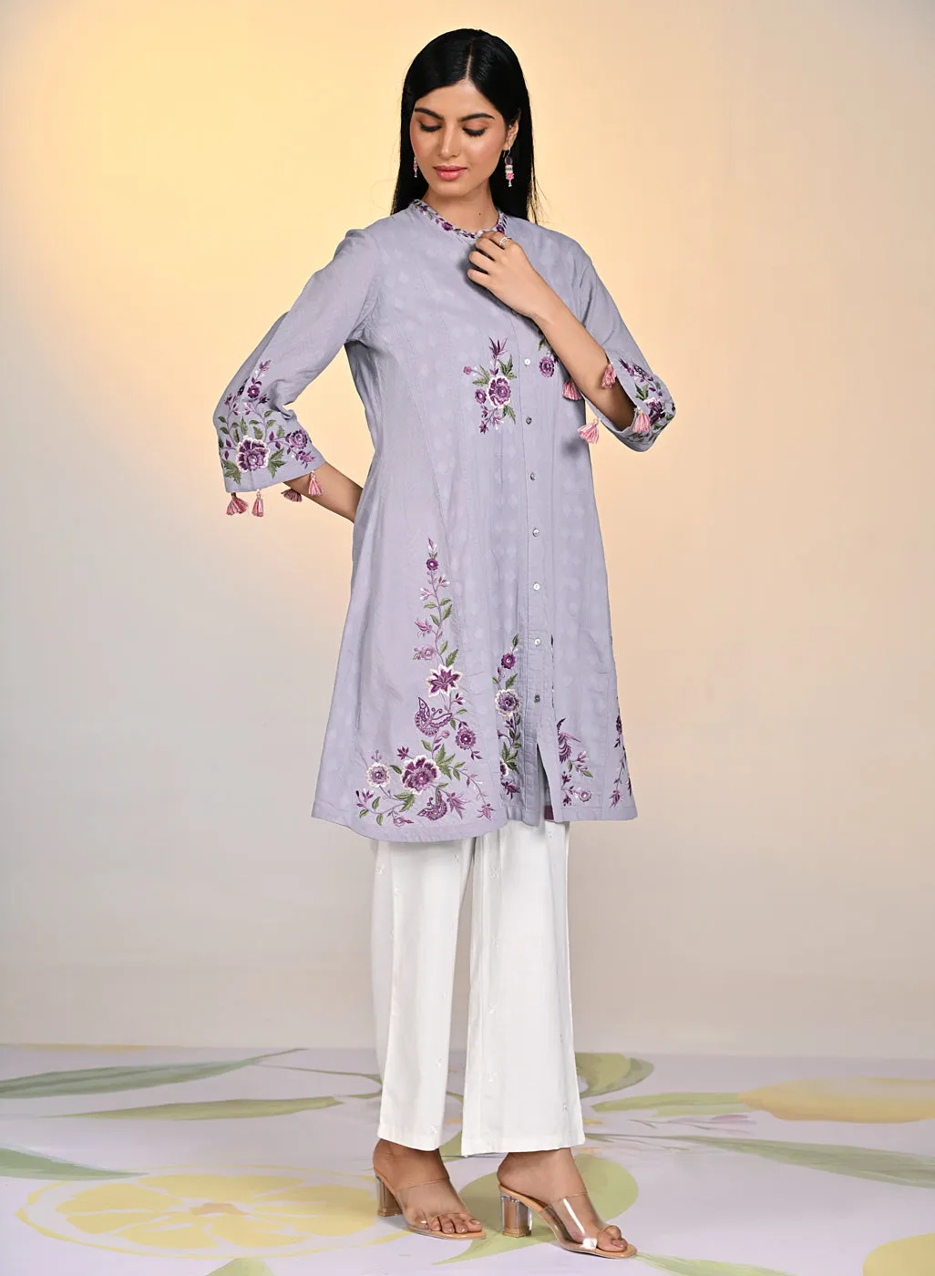 Zaheen Lavender Embroidered Cotton Jacquard Tunic for Women