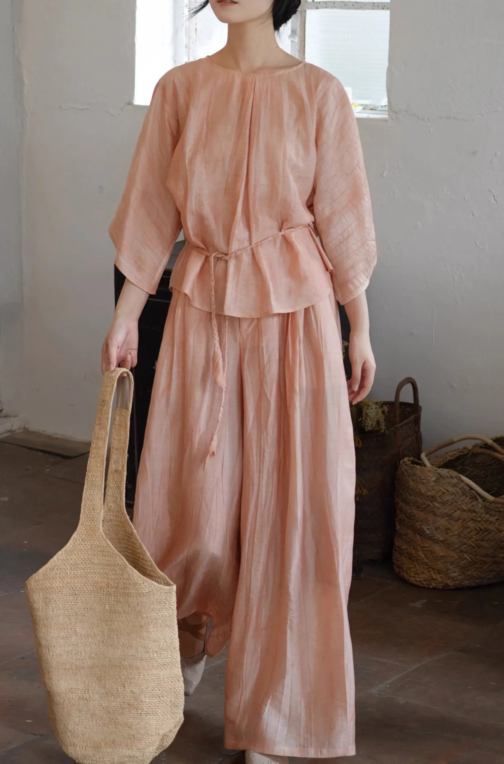 Ziruo 自若 Modernized Ming Dynasty Summer Tencel Shirt & Wide Leg Trousers Set