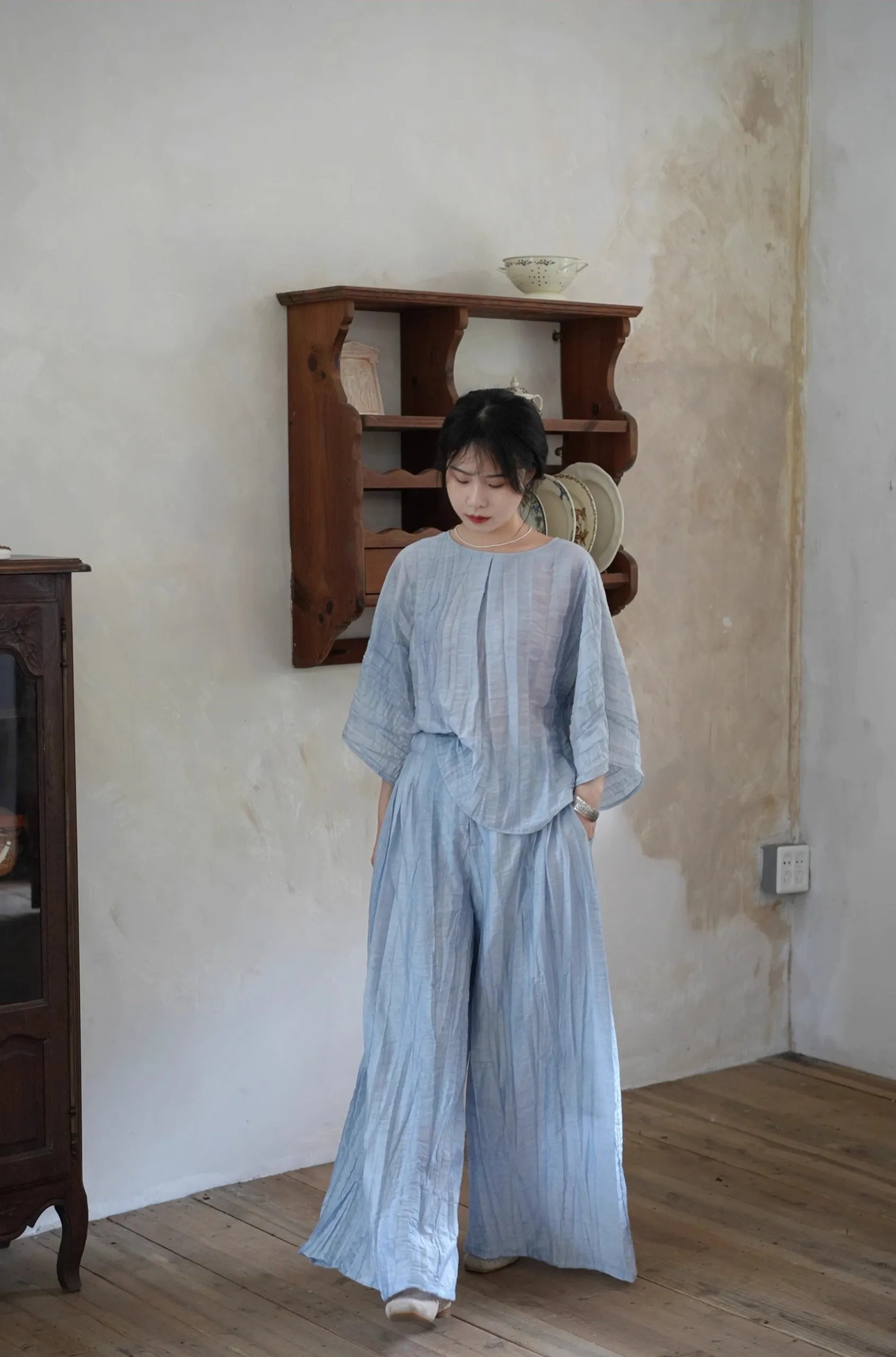 Ziruo 自若 Modernized Ming Dynasty Summer Tencel Shirt & Wide Leg Trousers Set